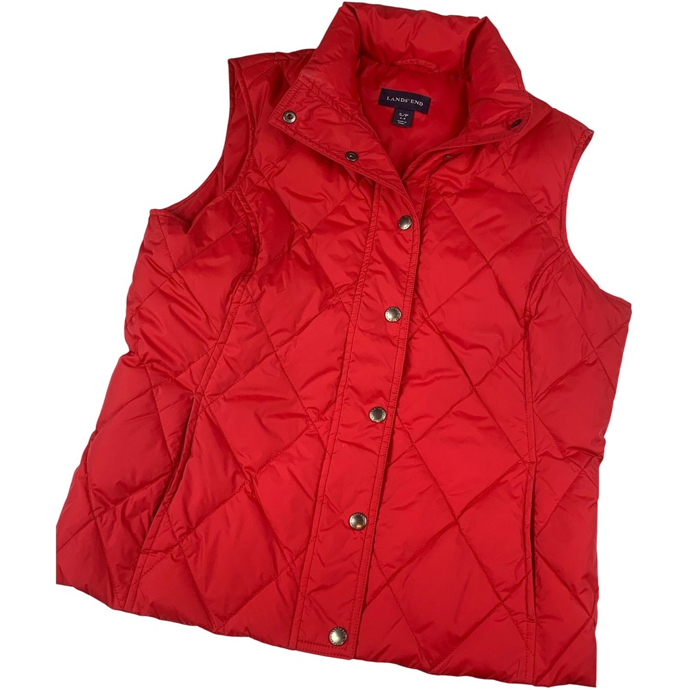 Lands End Womens Red Quilted Down Vest Snap Front Puffer Small 6-8 407703